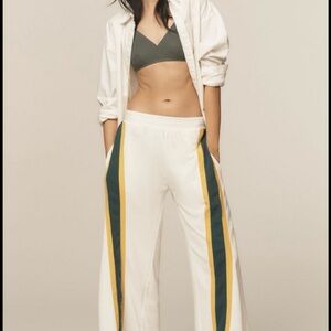 Women's White Track Pants with Green and Yellow Stripes